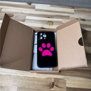 Black Smartphone with Pink Paw Print Design